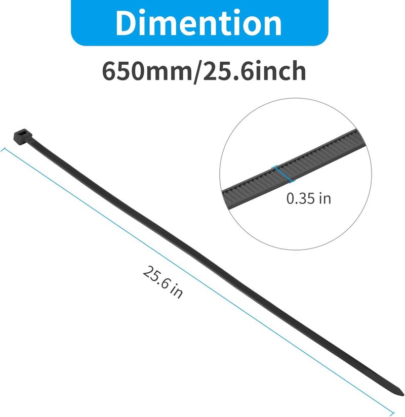 XINGO 26 inch Black Zip Ties Heavy Duty 100 Pack, 200 LBS Ultra Strong Plastic Wire Ties, Large Cable Ties Extra Long Tie Wraps, Indoor and Outdoor UV Resistant - Image 3